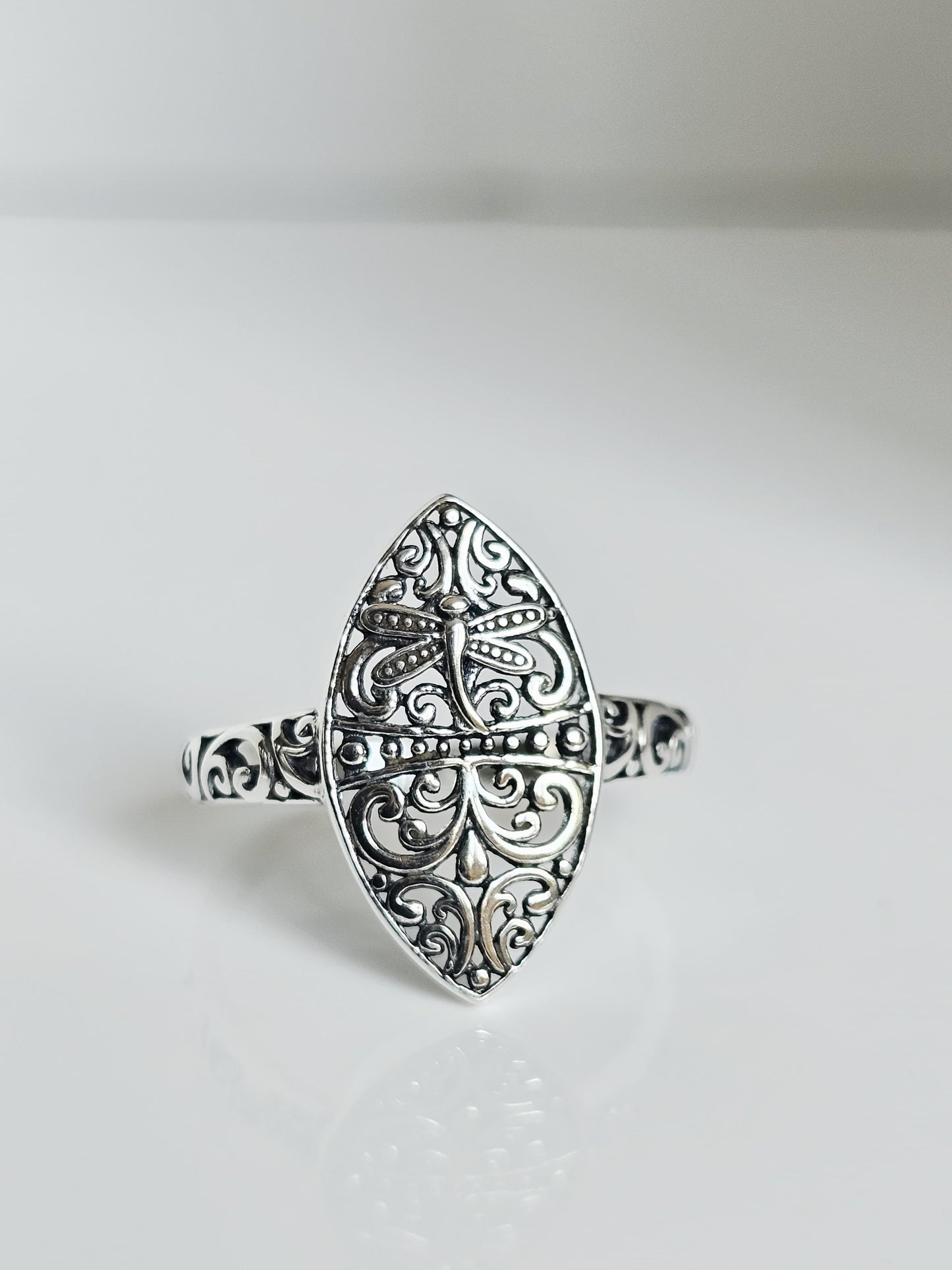 Sterling Silver Dragonfly Ring | 925 Vine Marquise Ring | Oxidized Silver Nature Jewelry | Minimalist Non-Tarnish Ring for Women