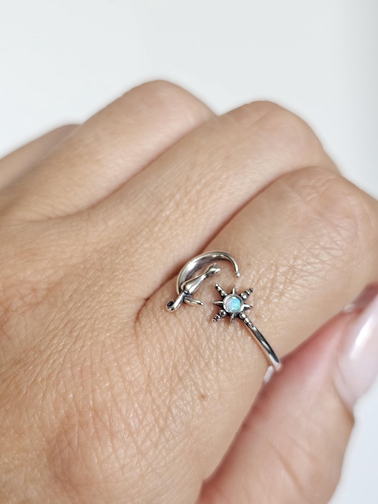 Cat on Moon Ring White Lab Opal or Plain Silver– Dainty Sterling Silver 925, Adjustable Thin Band, Cat & North Star Jewelry, Boho Gift
