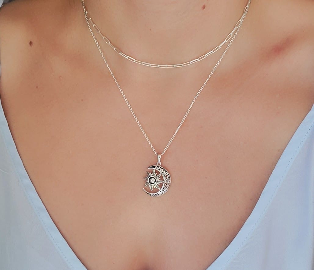 Silver Moon Over The Sun Chain and Pendant