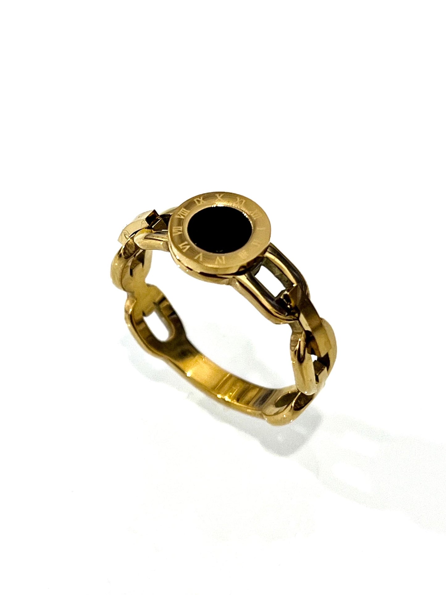 Roman Numeral Gold & Onyx Chain Ring