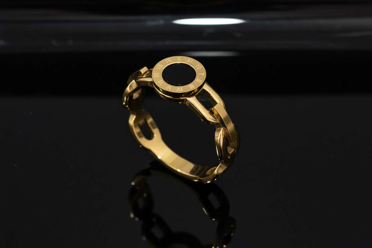Roman Numeral Gold & Onyx Chain Ring