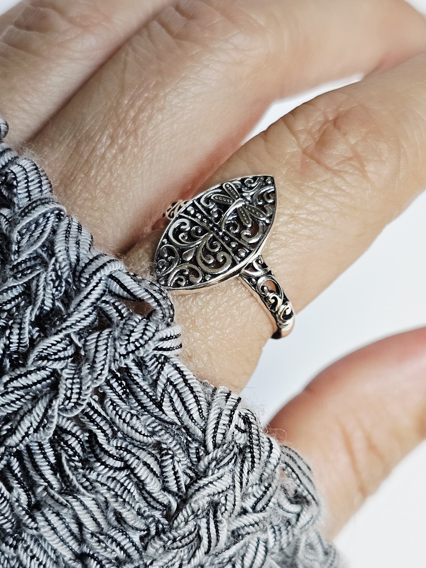 Sterling Silver Dragonfly Ring | 925 Vine Marquise Ring | Oxidized Silver Nature Jewelry | Minimalist Non-Tarnish Ring for Women