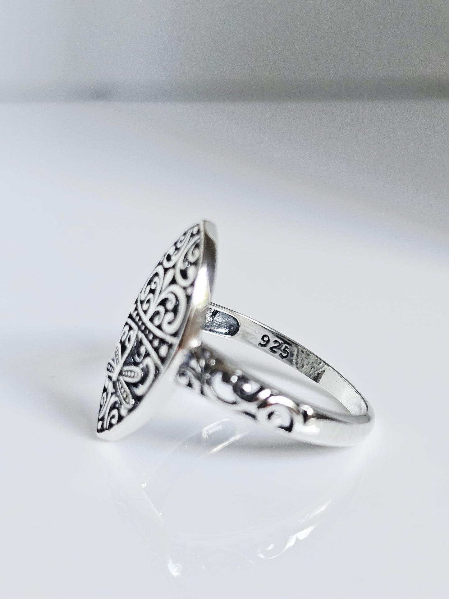 Sterling Silver Dragonfly Ring | 925 Vine Marquise Ring | Oxidized Silver Nature Jewelry | Minimalist Non-Tarnish Ring for Women