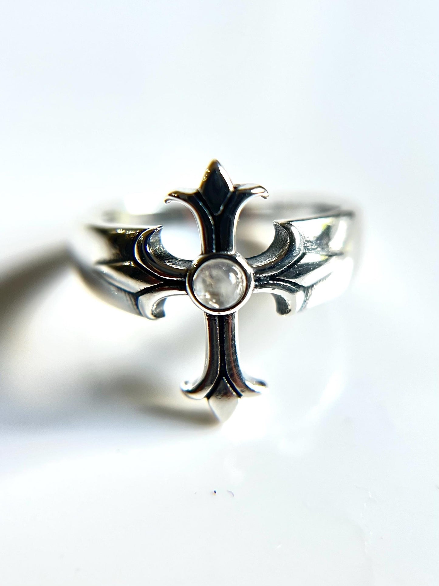 Sterling Silver Moonstone Eye Cross Ring: Medieval Gothic Jewelry