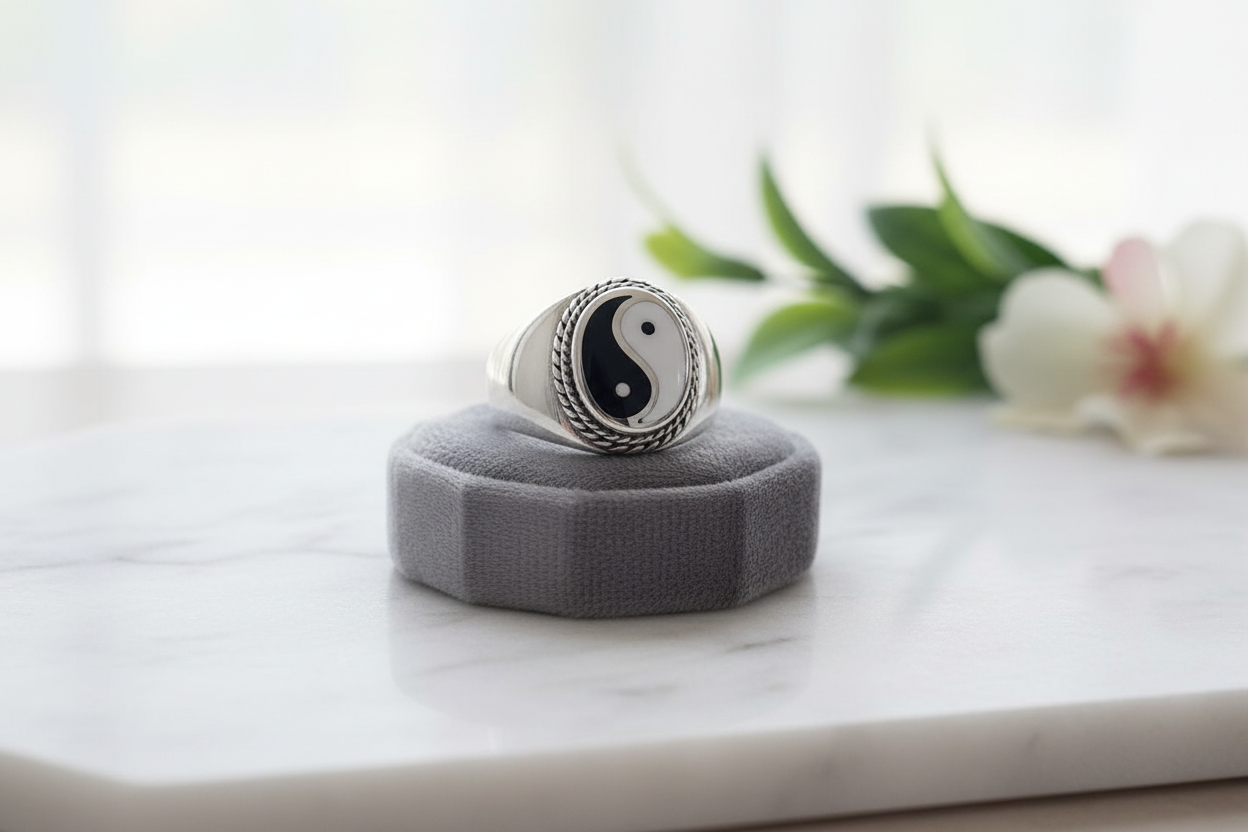 Yin Yang Signet Men Ring, Sterling Silver Ring, 925 Stamped Ring, Signet Men's Band, Genuine Stone for men
