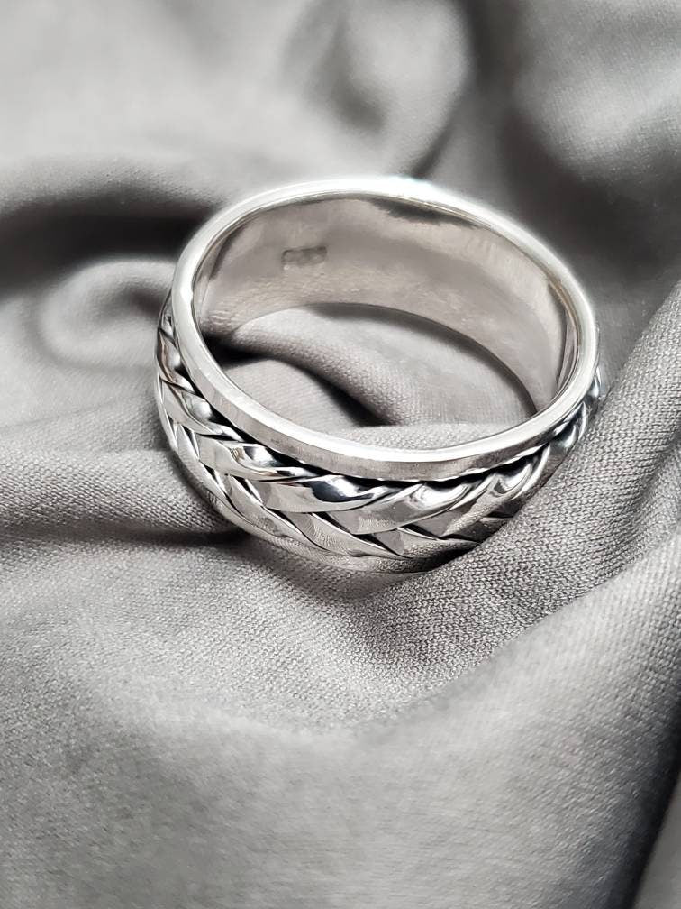 Woven Spinner Band, Sterling Silver 925 Men's Ring, 9mm Wedding Band, Engagement Band for Men