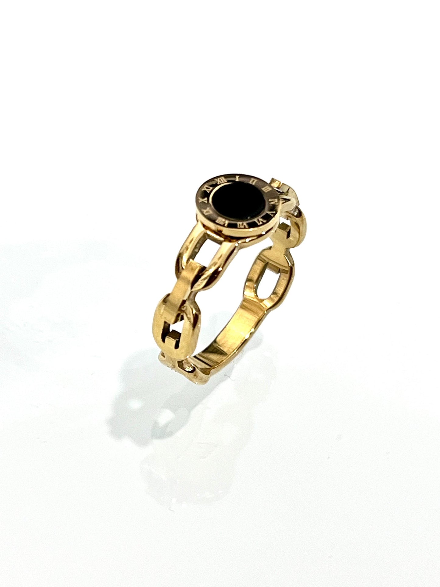 Roman Numeral Gold & Onyx Chain Ring