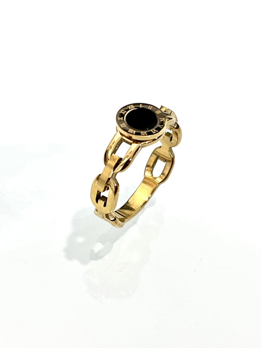 Roman Numeral Gold & Onyx Chain Ring