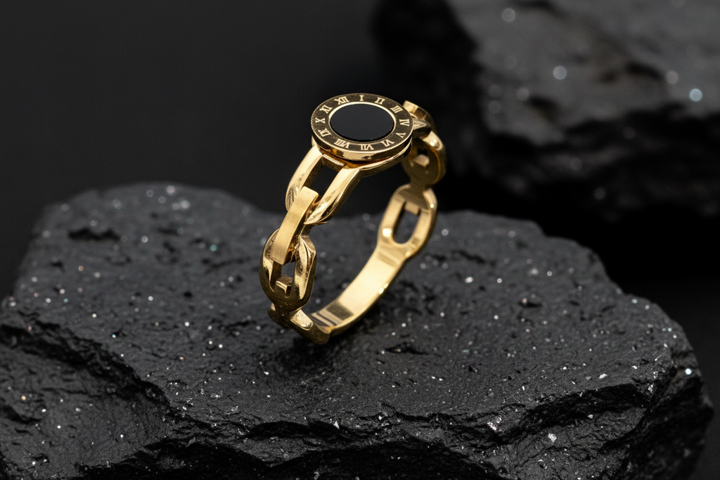 Roman Numeral Gold & Onyx Chain Ring
