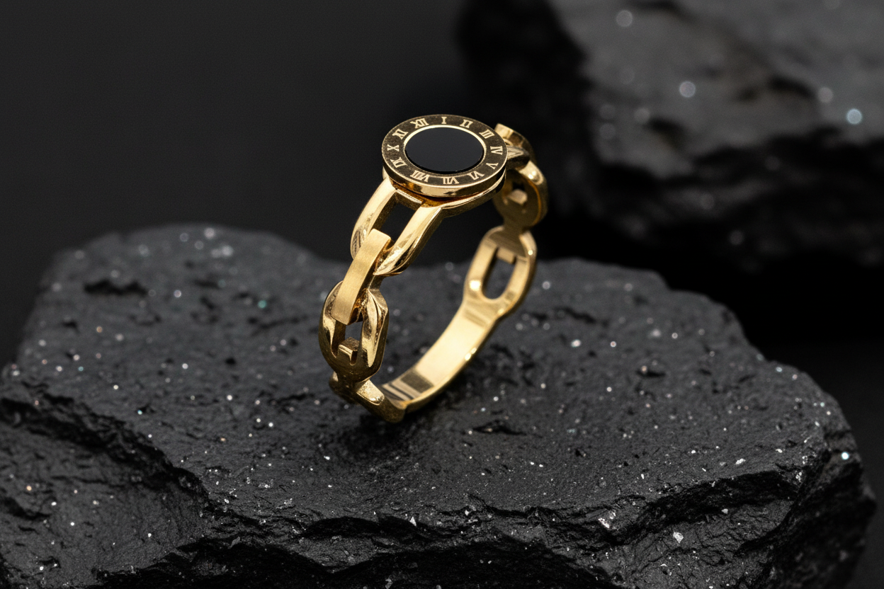 Roman Numeral Gold & Onyx Chain Ring