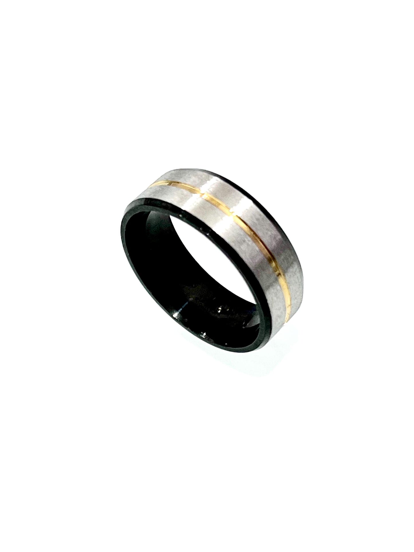 Gold Stripe, Silver, Black Stainless Ring, 8mm Band,