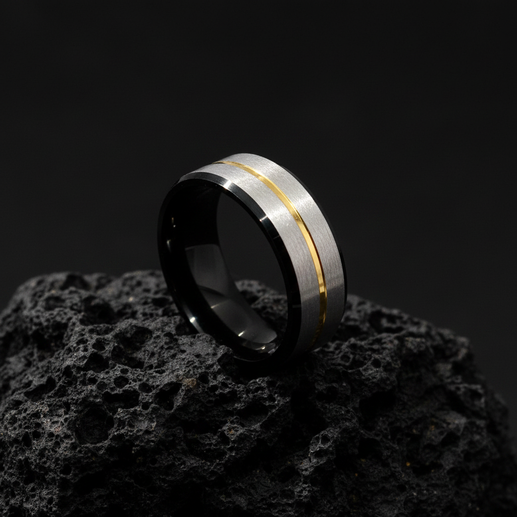 Gold Stripe, Silver, Black Stainless Ring, 8mm Band,