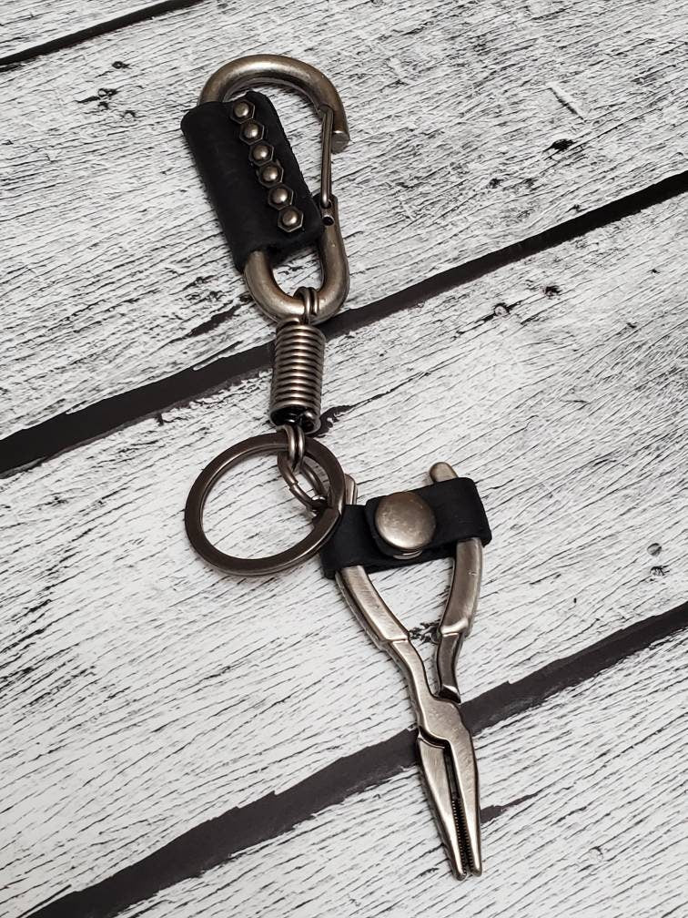 Stainless Steel Key Chain, Needle Nose Pliers & Leather Keychain, Tool Key Chain, Gift for him, Men, Multi Use Tool, Mechanic, Contractor