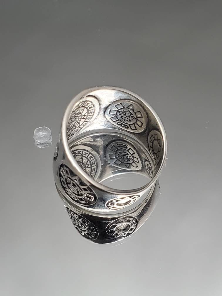 Sterling Silver Aztec Calendar Ring: Large Mens Band, Sizes 7-15