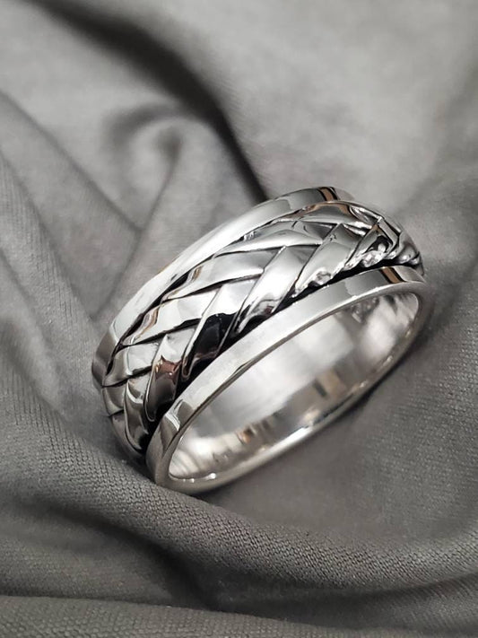 Woven Spinner Band, Sterling Silver 925 Men's Ring, 9mm Wedding Band, Engagement Band for Men