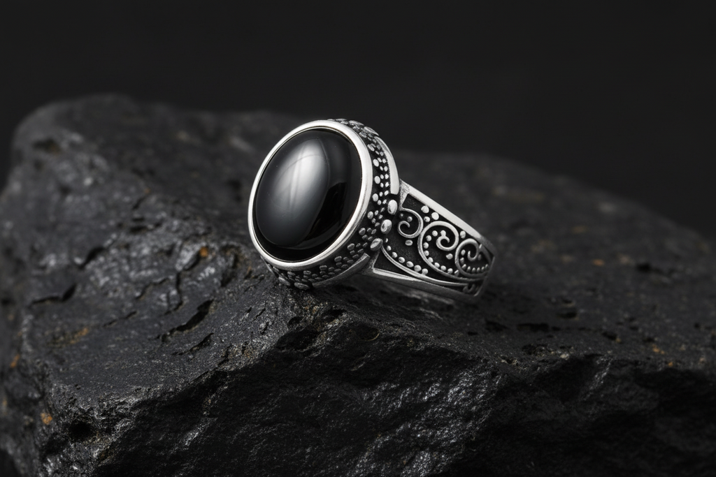 Black agate sterling silver ring from the His & Hers collection