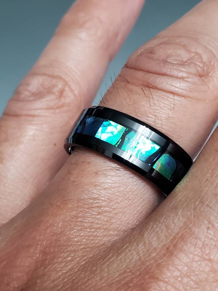 Paua Shell Sea Opal Men's Ring – Tungsten