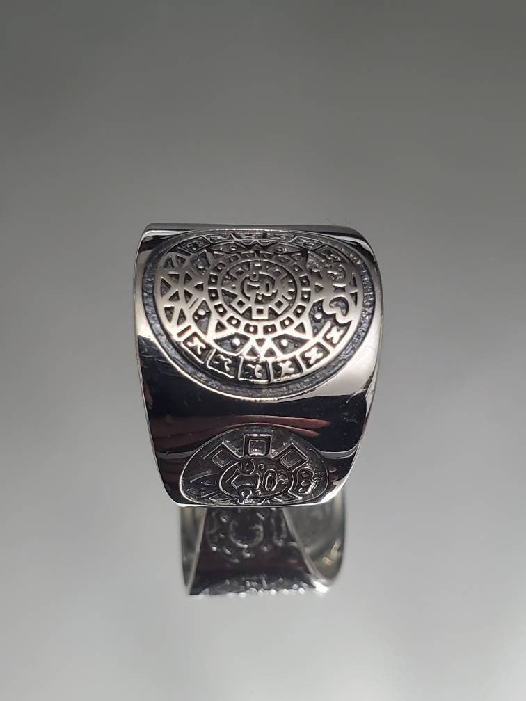 Sterling Silver Aztec Calendar Ring: Large Mens Band, Sizes 7-15
