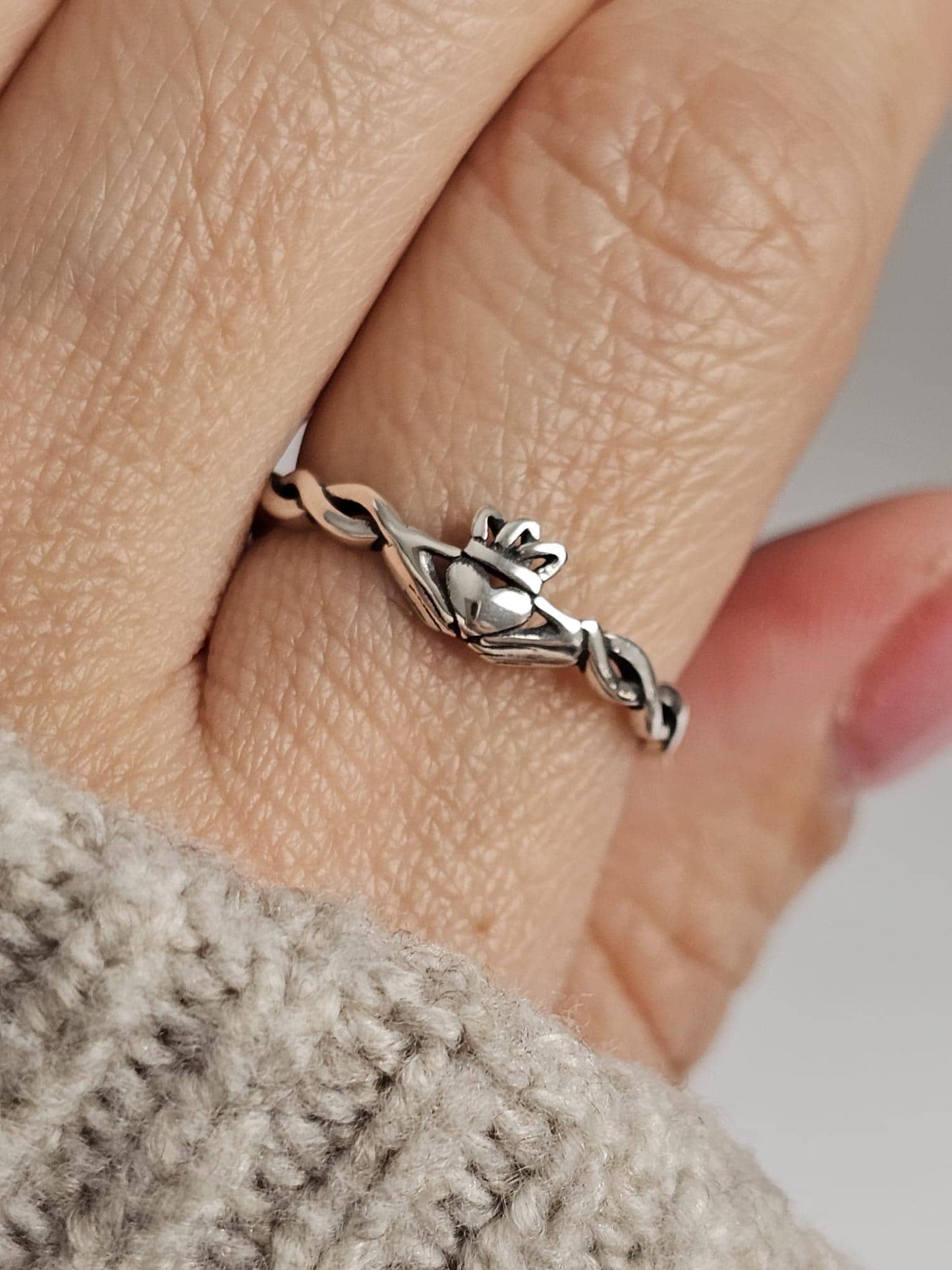 Sterling Silver Vine Claddagh Ring: Dainty Celtic Love & Friendship Band