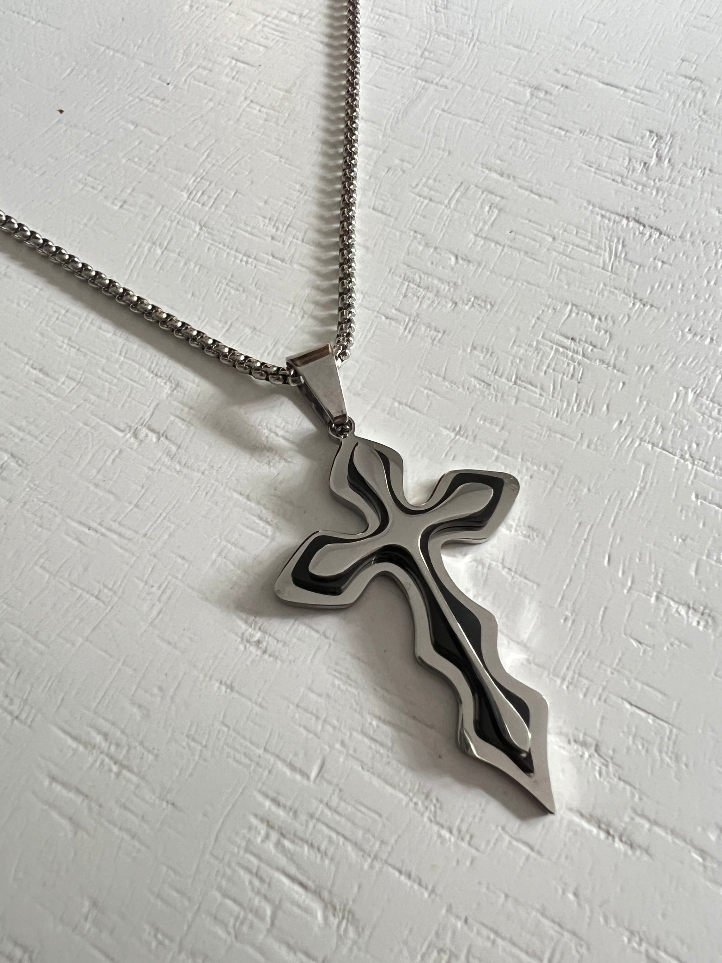 Men's Medieval Stainless Steel Cross and Hydro Black Chain Pendant, non-tarnishing hydro black and silver finish.