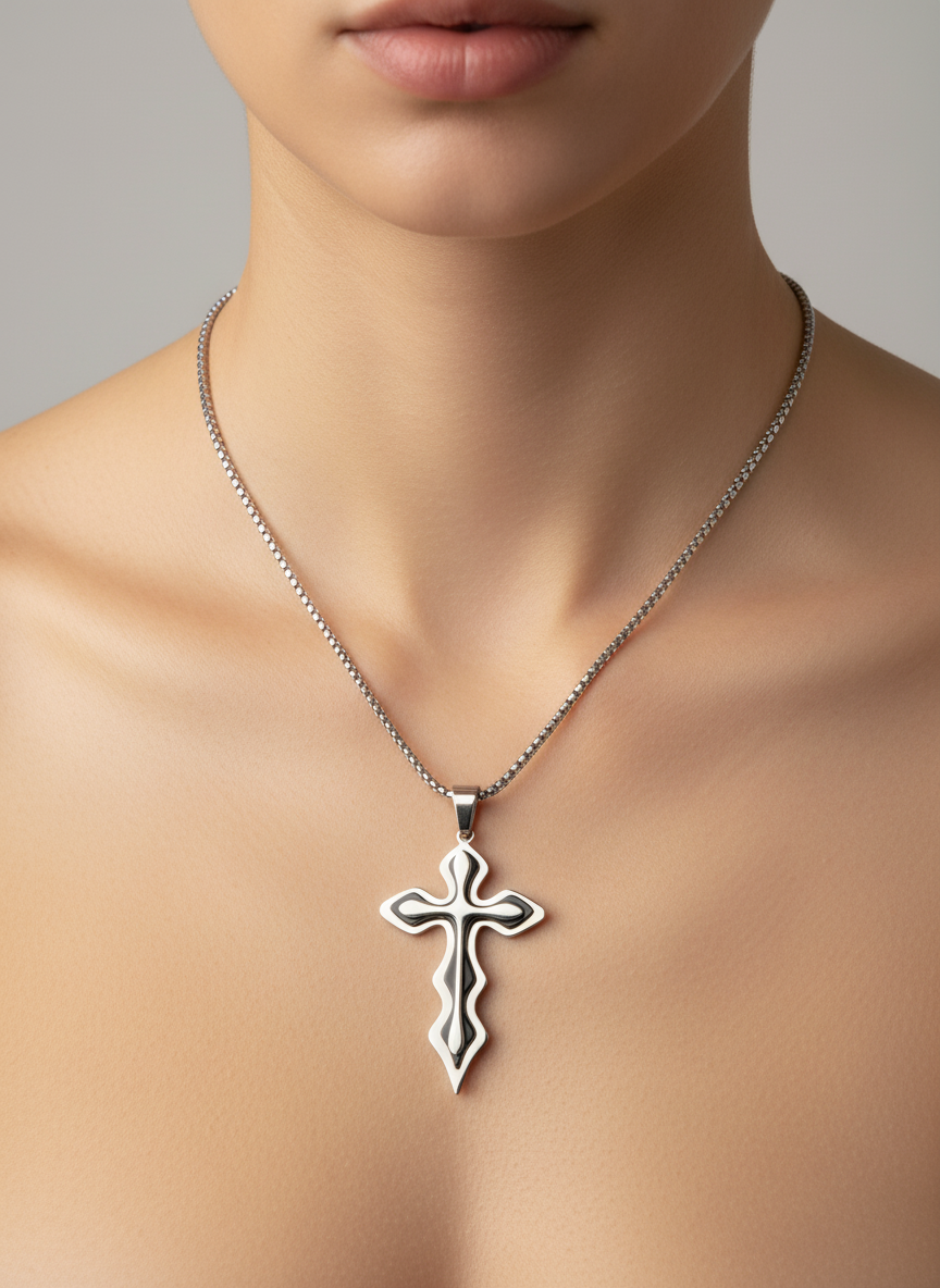 Men's Medieval Stainless Steel Cross and Hydro Black Chain Pendant, non-tarnishing hydro black and silver finish.