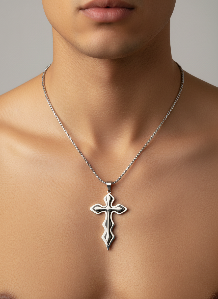 Men's Medieval Stainless Steel Cross and Hydro Black Chain Pendant, non-tarnishing hydro black and silver finish.