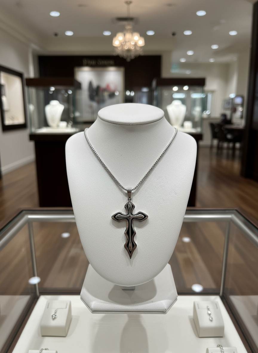 Men's Medieval Stainless Steel Cross and Hydro Black Chain Pendant, non-tarnishing hydro black and silver finish.