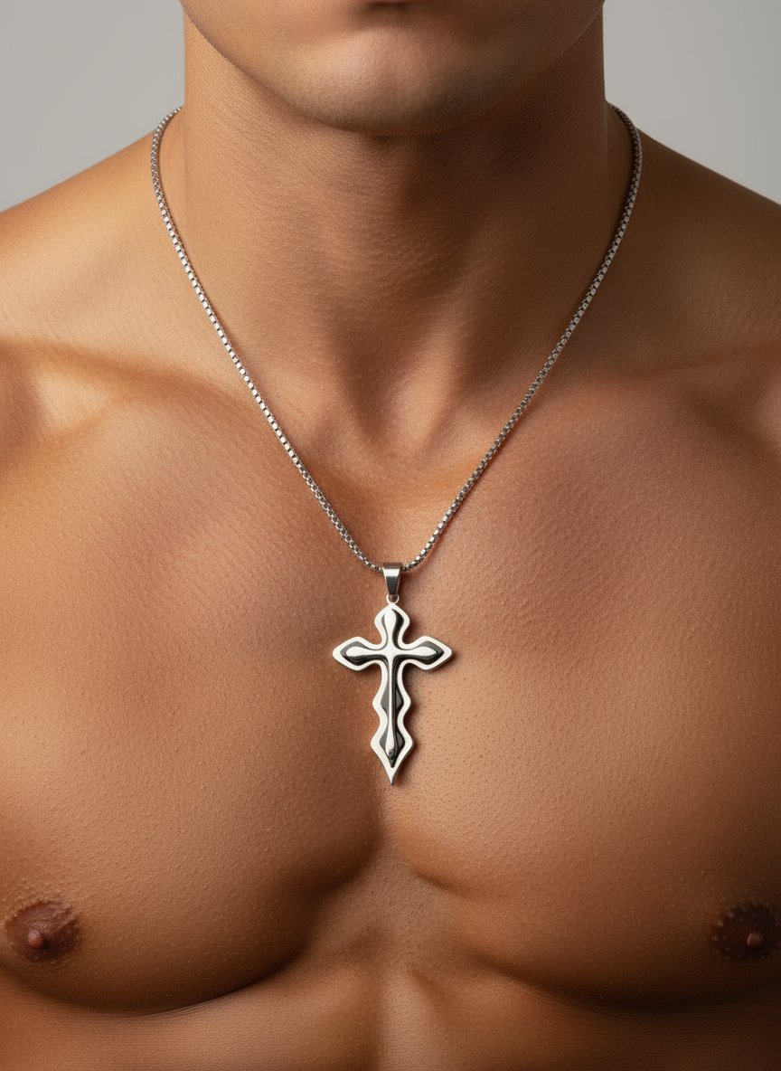 Men's Medieval Stainless Steel Cross and Hydro Black Chain Pendant, non-tarnishing hydro black and silver finish.