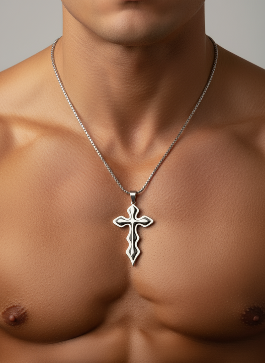 Men's Medieval Stainless Steel Cross and Hydro Black Chain Pendant, non-tarnishing hydro black and silver finish.