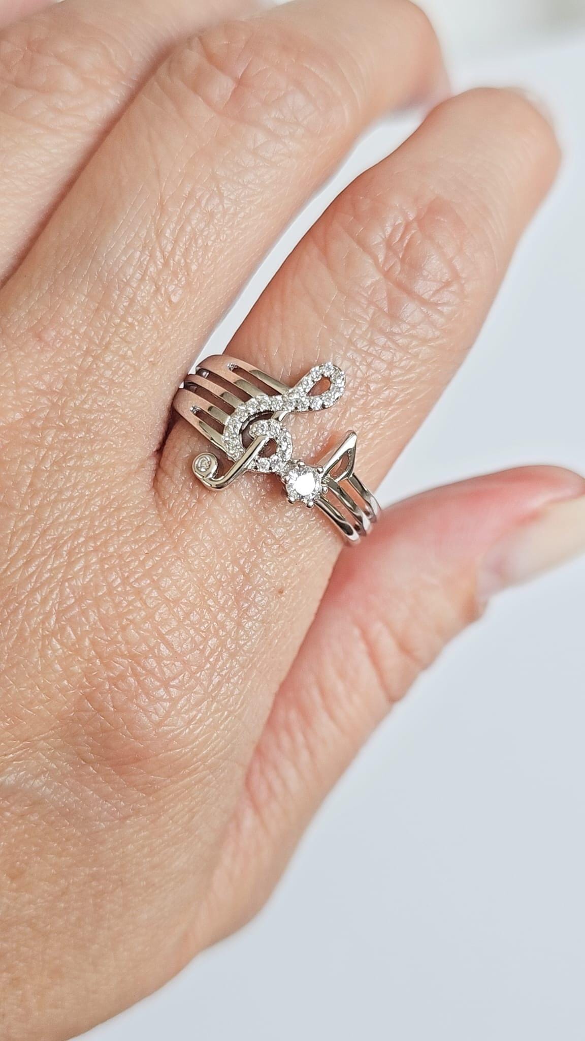 Sterling Silver Music Note Ring with CZ Stone