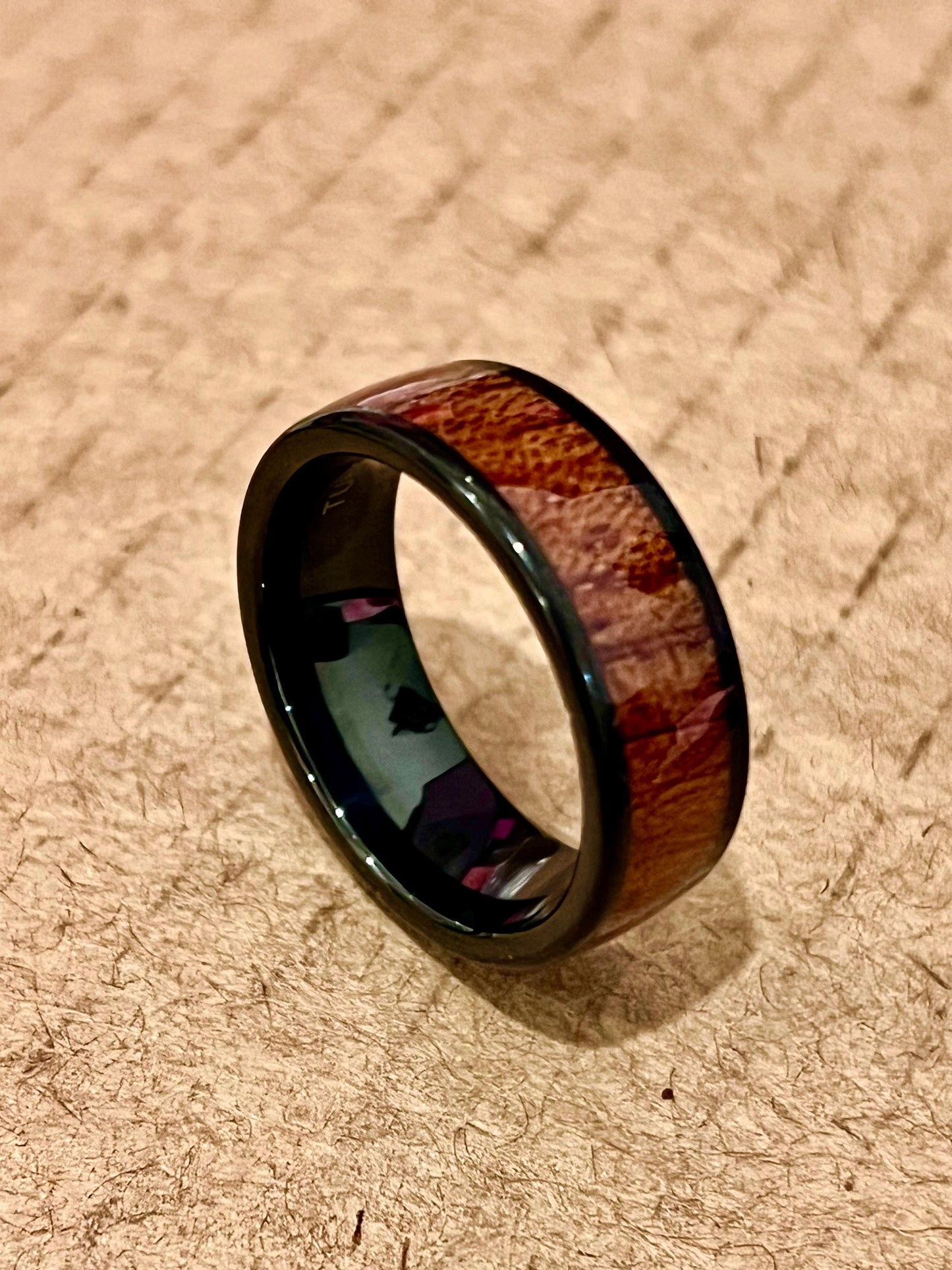 Wood Inlay Tungsten Band - 8mm Polish Black Ring for Men