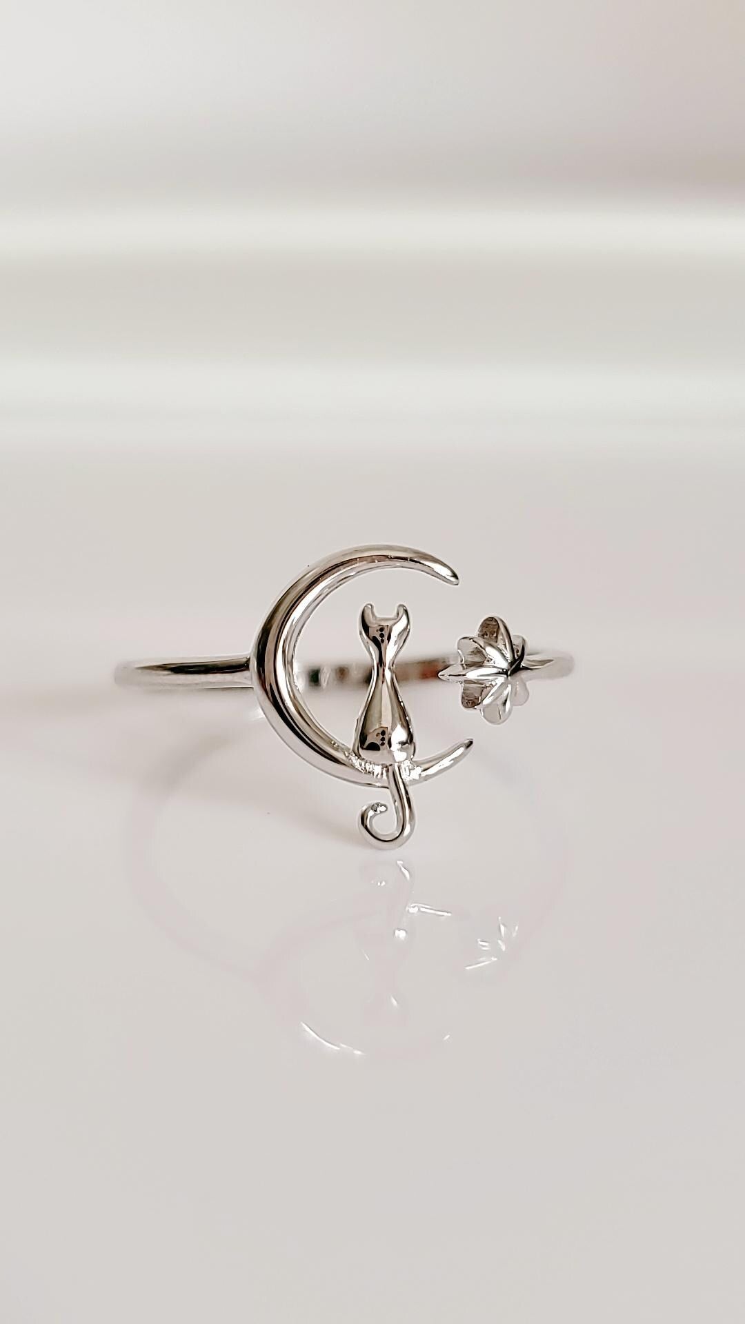 Cat on Moon Ring White Lab Opal or Plain Silver– Dainty Sterling Silver 925, Adjustable Thin Band, Cat & North Star Jewelry, Boho Gift