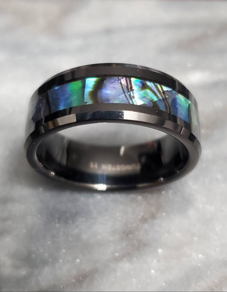 Paua Shell Tungsten  Sea Opal Ring Men's Ring