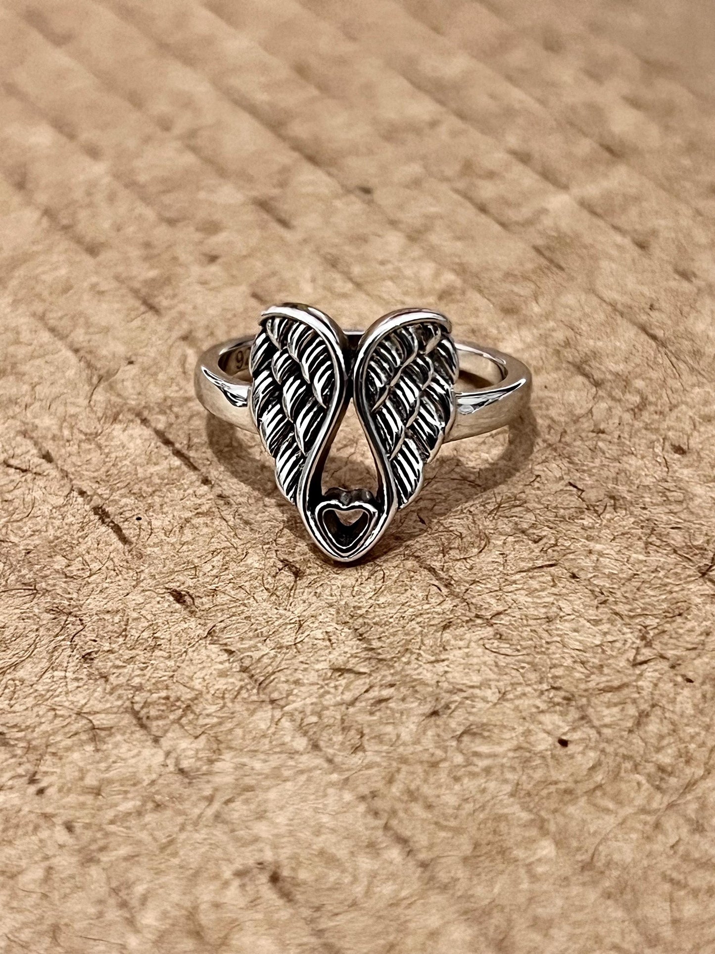 Sterling Silver Wings Ring: Heart Detail, Rhodium Plated