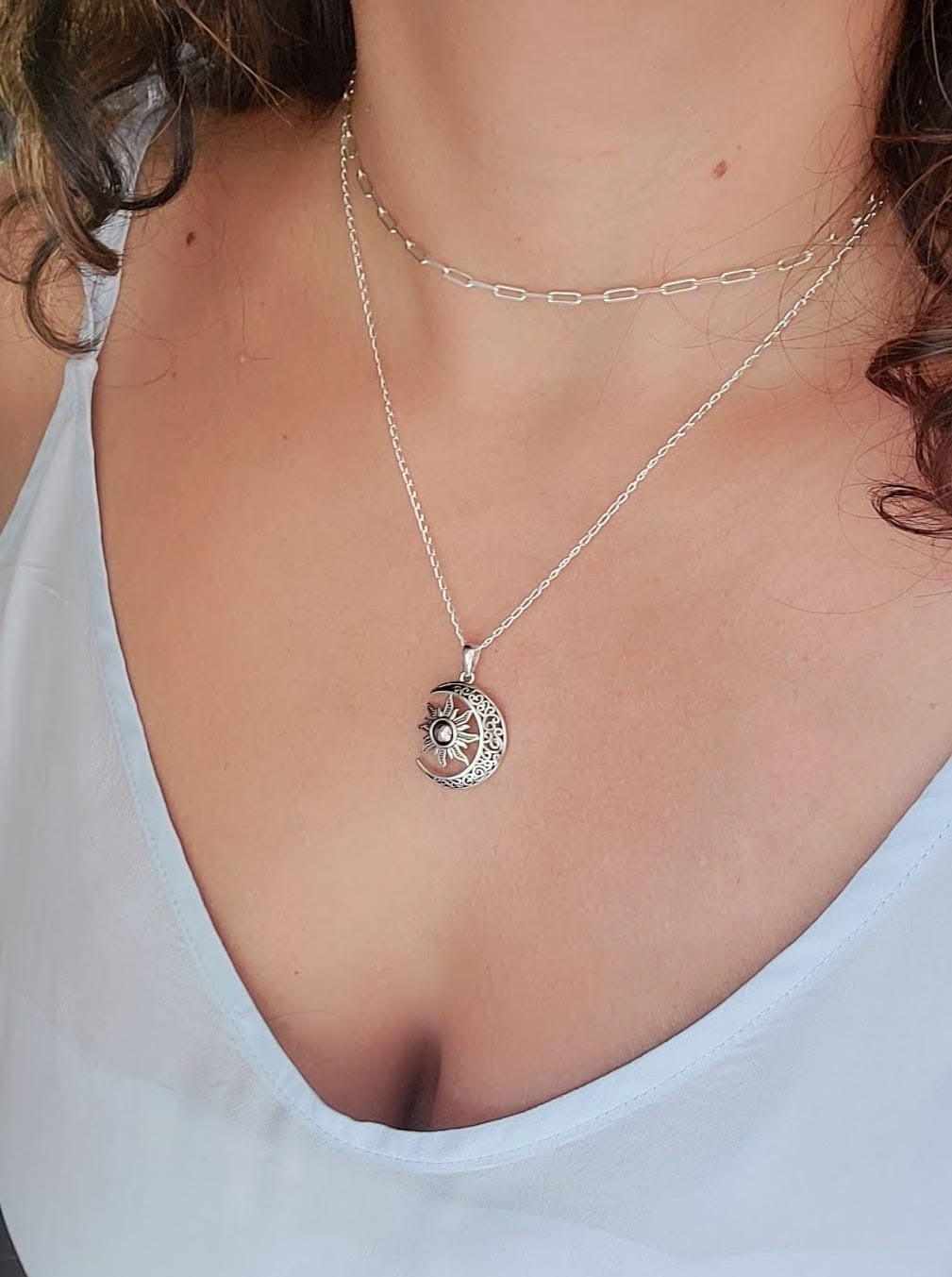 Silver Moon Over The Sun Chain and Pendant