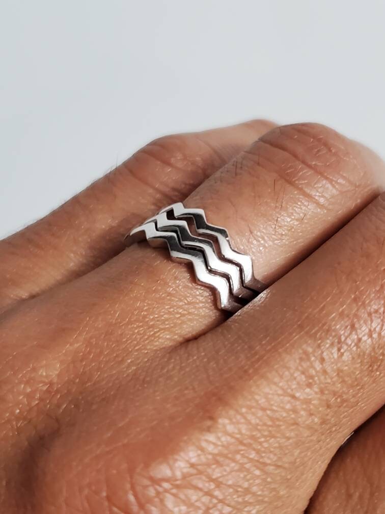 Sterling Silver Stack Ring, Zig Zag 925 Bands, Non tarnish Thumb Ring, Stackable Bands