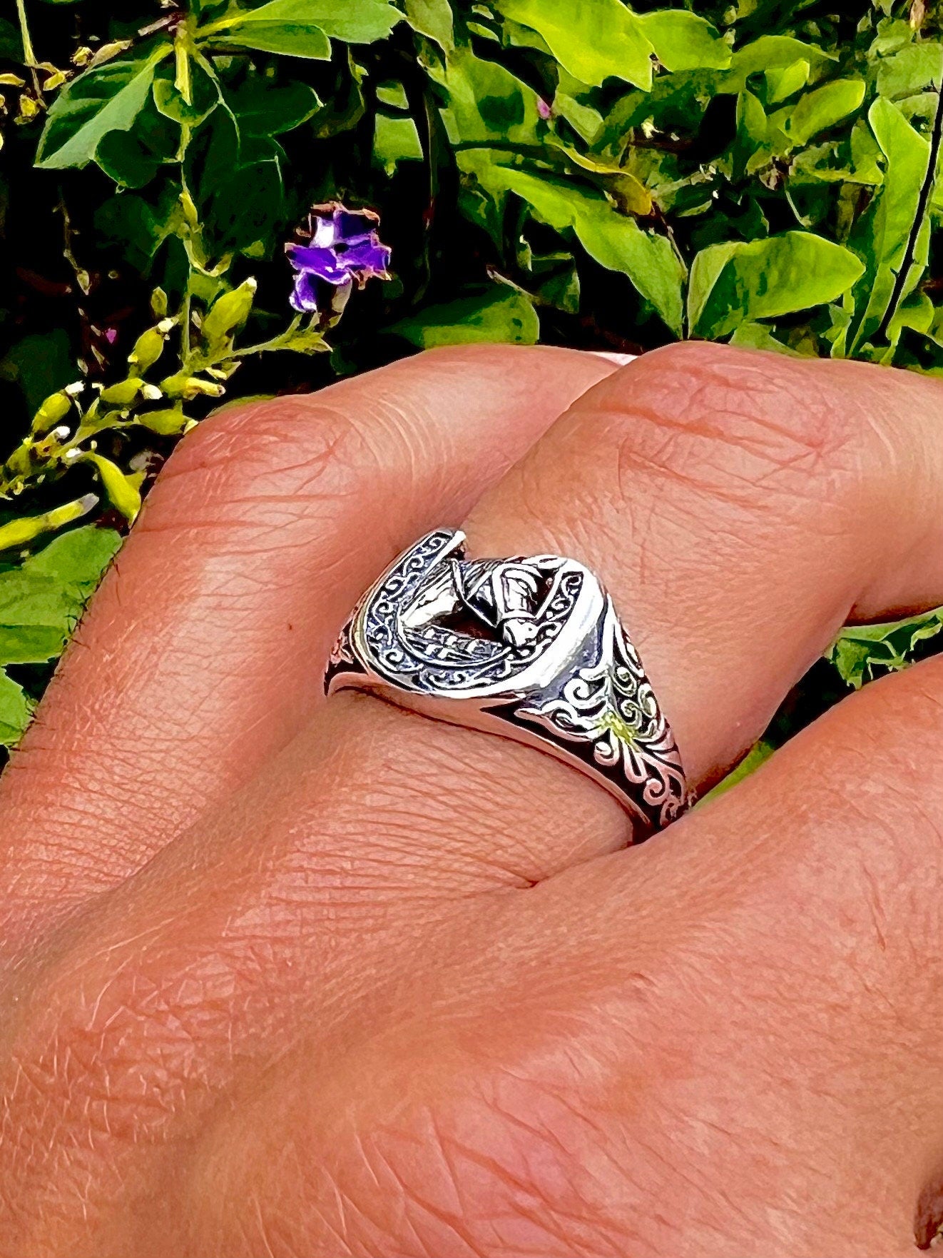 Sterling Silver Horse Ring: Lucky Horseshoe Equestrian Jewelry