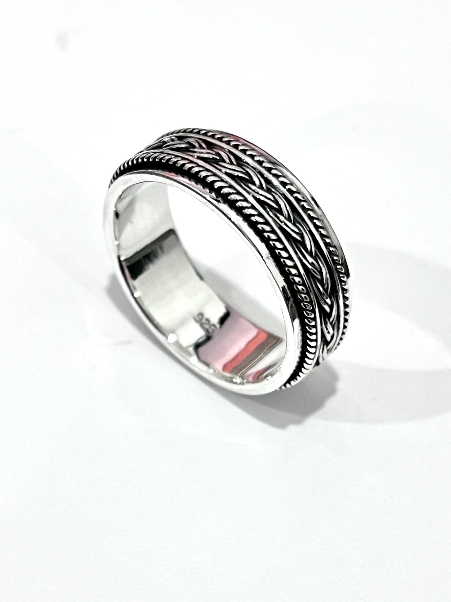 Braided Rope Sterling Silver Spinner Ring: 8mm Oxidized Wedding Band