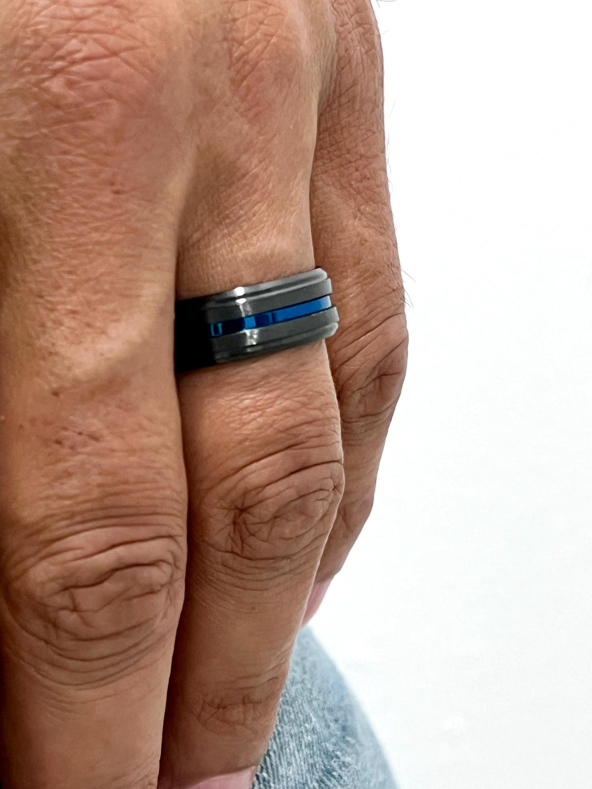 Blue Stripe Black Stainless Ring