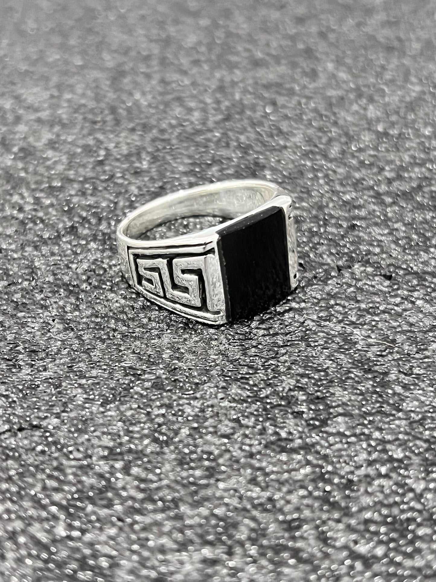 Greek Key Onyx Stone Men's Silver Ring