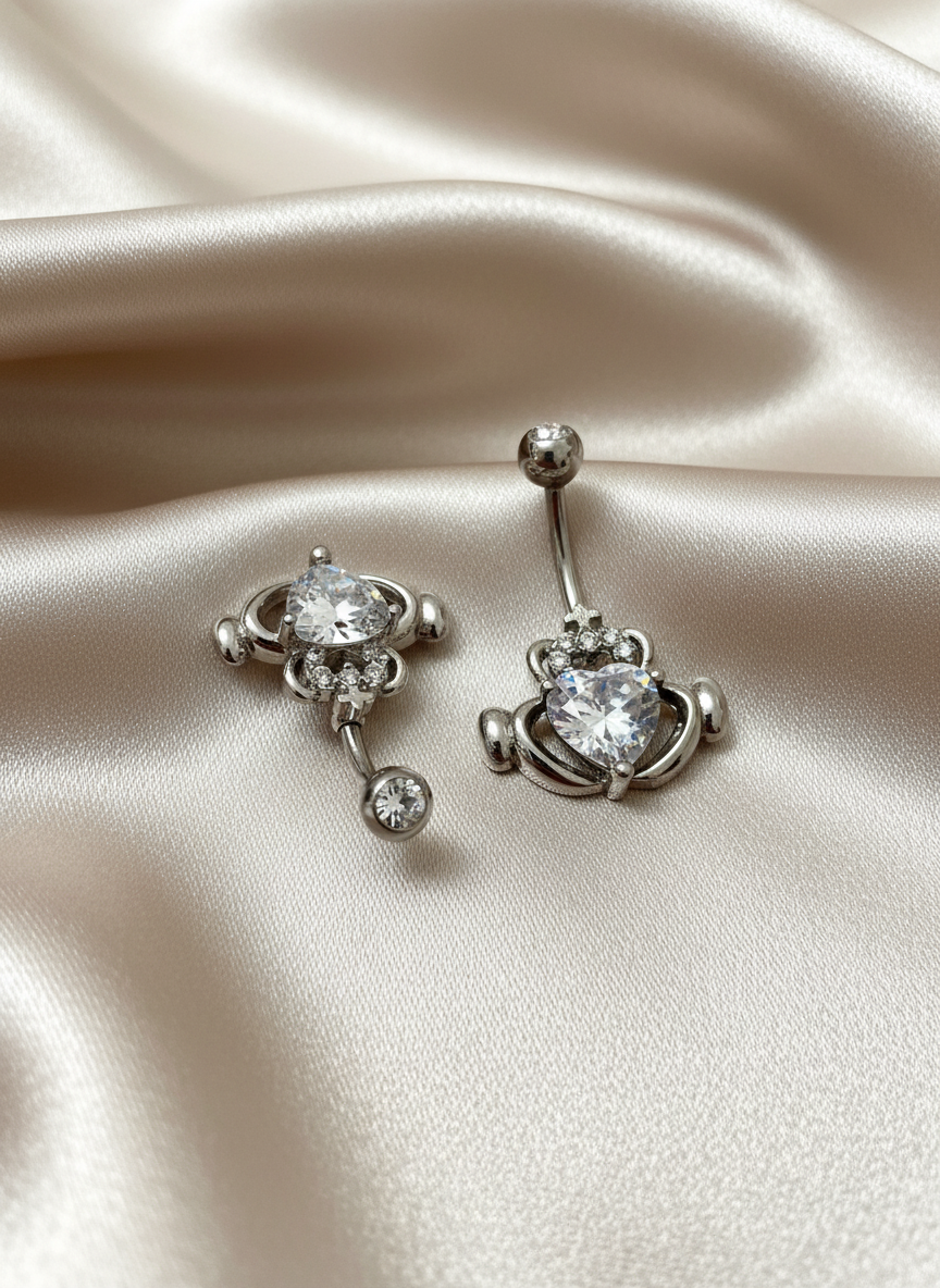 Claddagh CZ Irish Love Belly Button Ring Red Garnet, Lavender Amethyst, White Cubic Zirconia