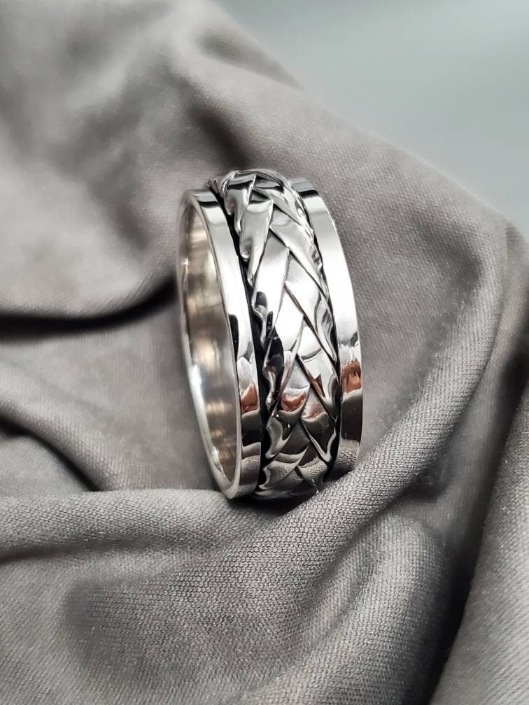 Woven Spinner Band, Sterling Silver 925 Men's Ring, 9mm Wedding Band, Engagement Band for Men