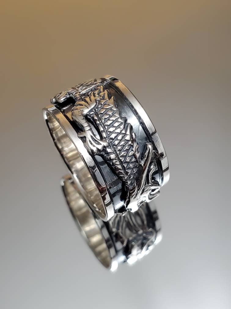 Wide Dragon Spinner Ring for Men: Tarnish-Free Sterling Silver Meditation Band