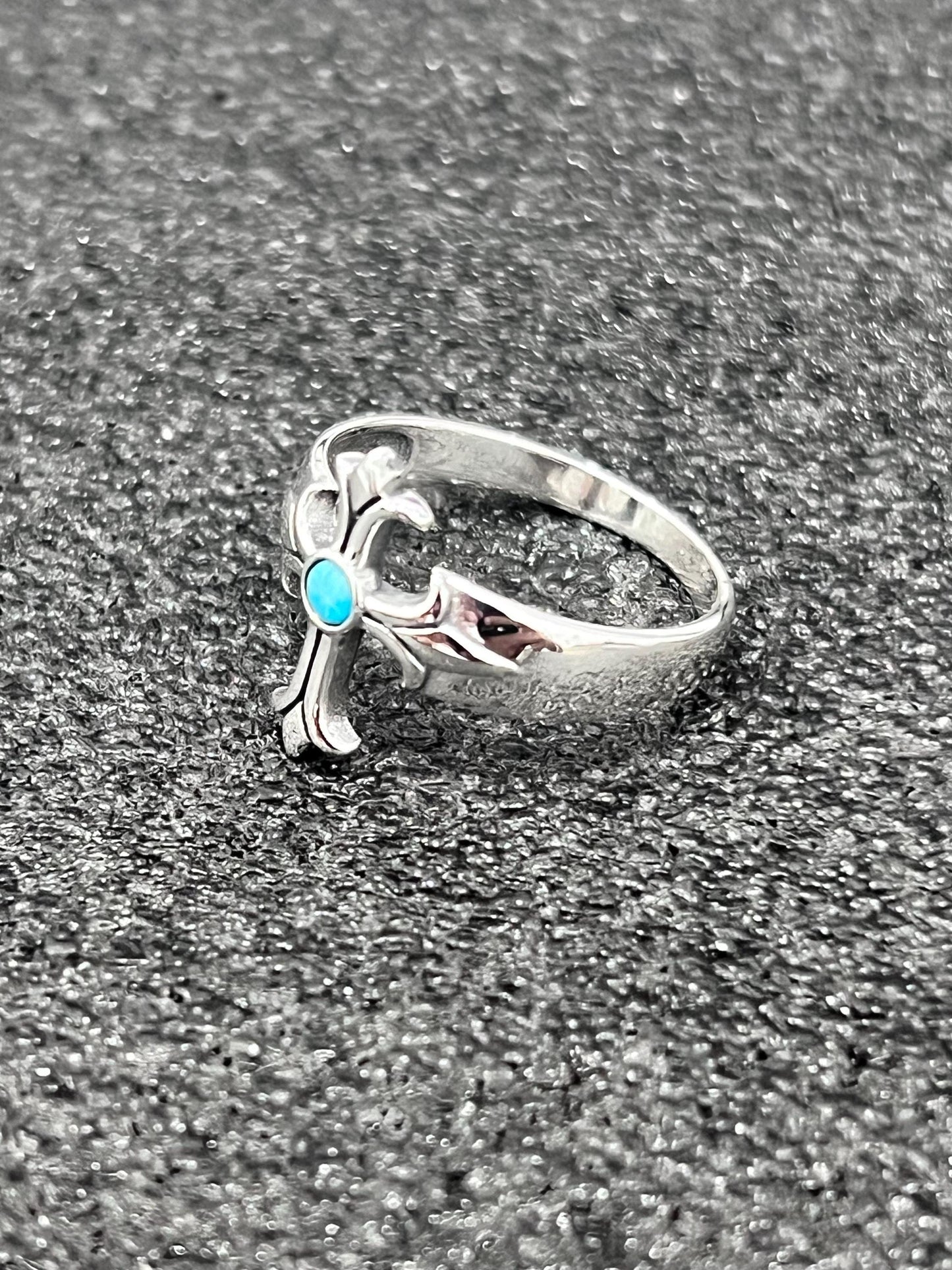 Sterling Silver Turquoise Eye Cross Ring: Medieval Biker Jewelry