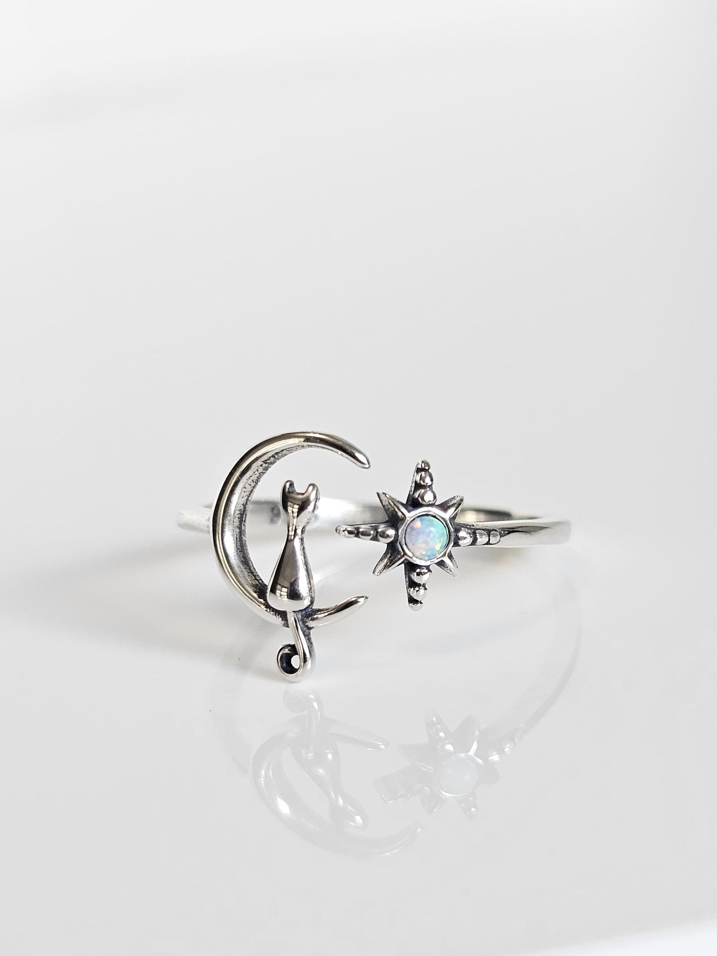Cat on Moon Ring White Lab Opal or Plain Silver– Dainty Sterling Silver 925, Adjustable Thin Band, Cat & North Star Jewelry, Boho Gift