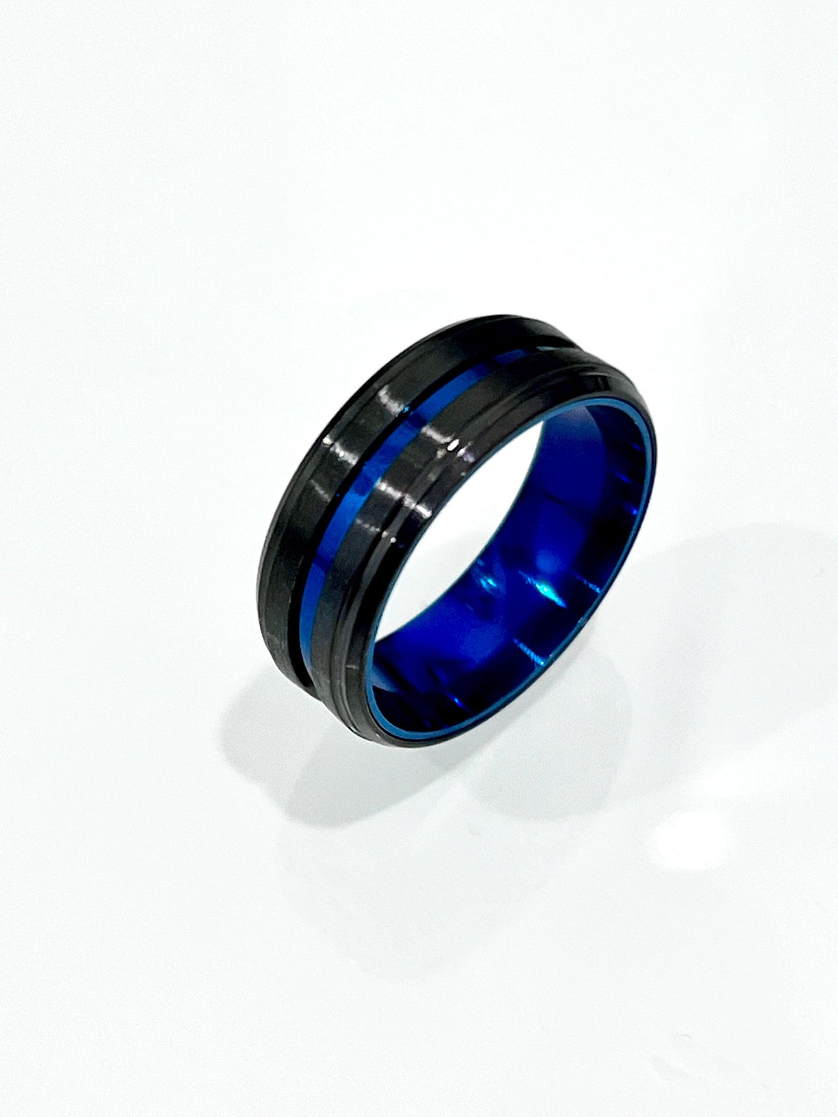 Blue Stripe Black Stainless Ring