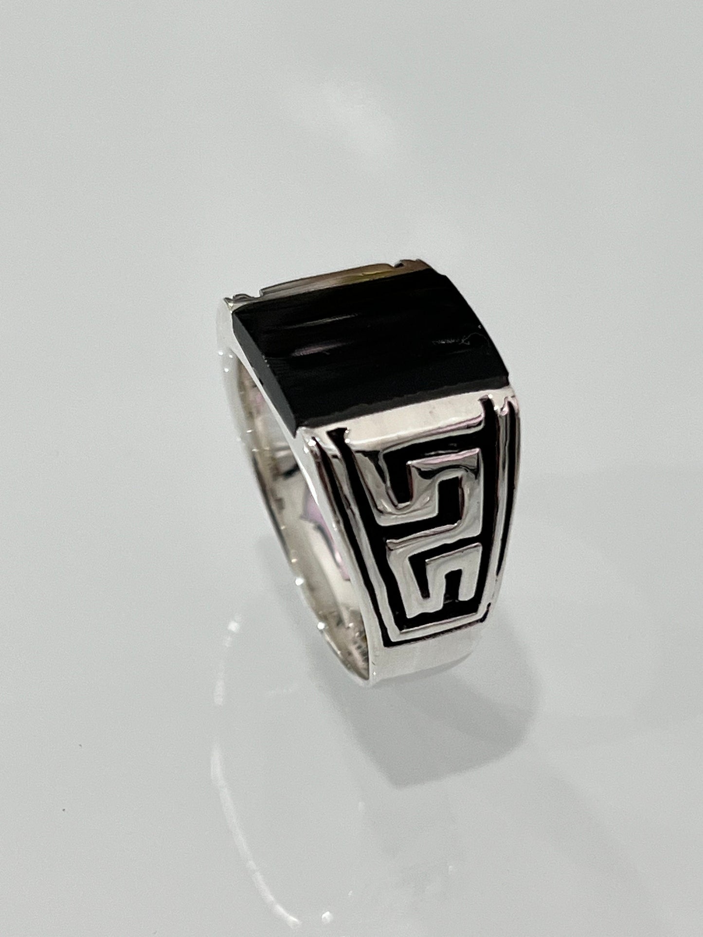 Greek Key Onyx Stone Men's Silver Ring