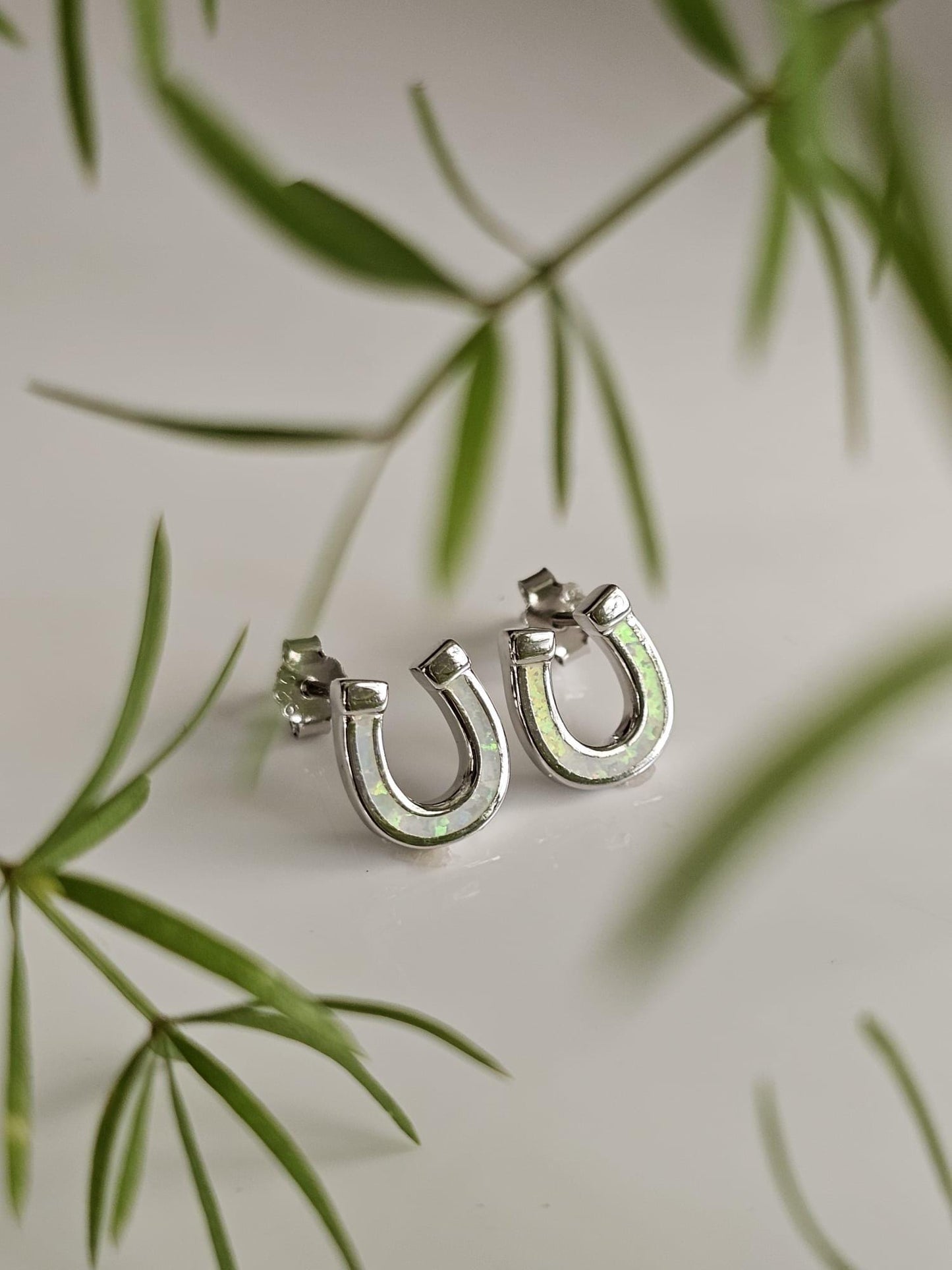 Sterling Silver Horseshoe Stud Earrings: White Lab Opal Lucky Charms