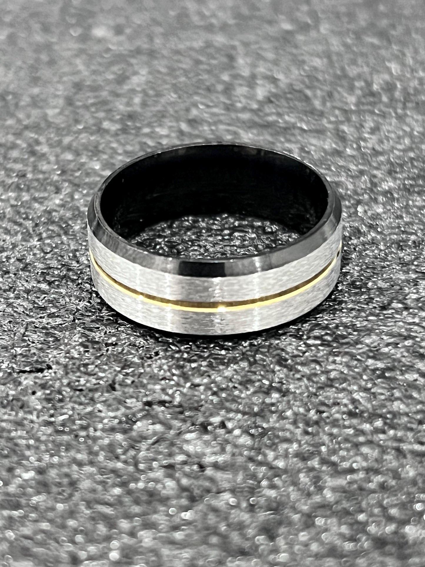 Gold Stripe, Silver, Black Stainless Ring, 8mm Band,