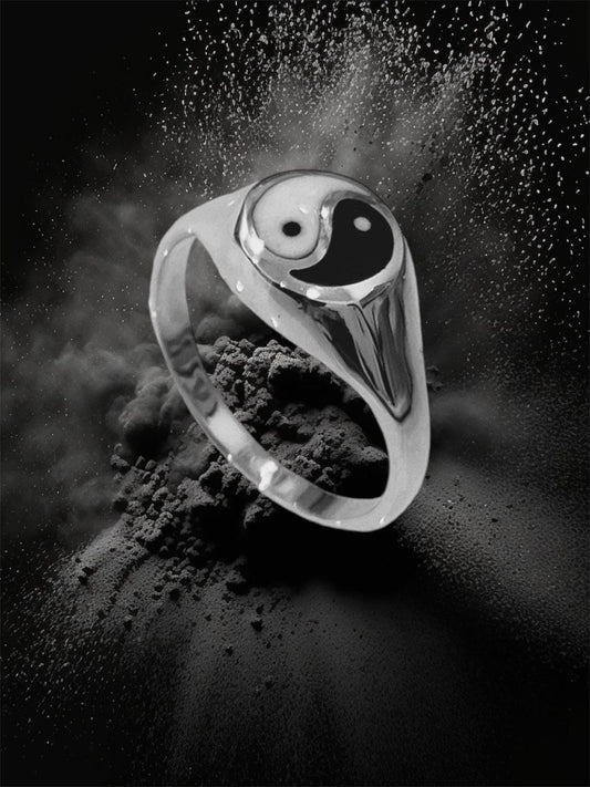 Yin Yang Balance Ring in Sterling Silver with Onyx & White Opal – Modern Symbolic Statement